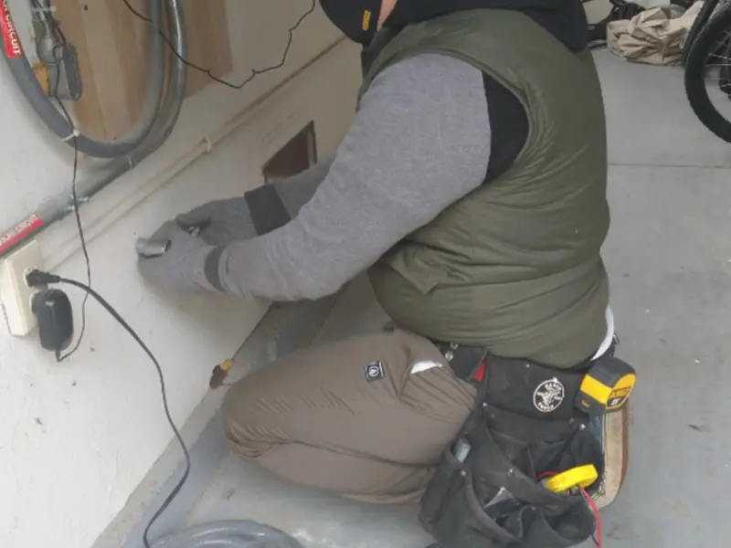 Electrician performing outlet wiring in a Bandon garage